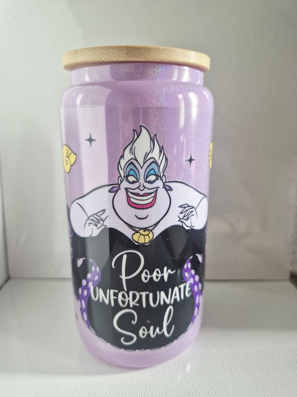 Purple Glitter Ursula 'Poor Unfortunate Soul' Design 16oz Glass Custom Tumbler